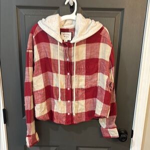 American Eagle Outfitters Red and Cream Plaid Hoodie